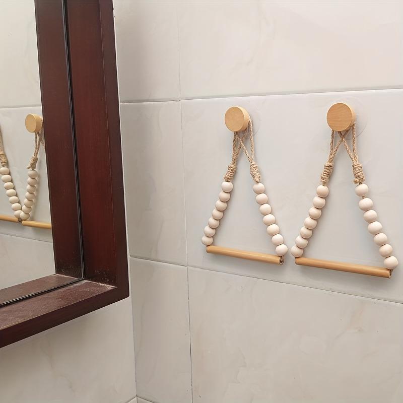 Rustic Wood No-Drill Toilet Paper Holder - Jute Cord & Beads Wall-Mounted Dispenser for Standard TP Rolls