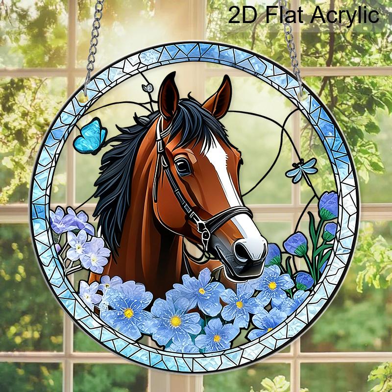 Acrylic Horse with Blue Flowers and Butterfly Suncatcher, Stained Glass Effect Window Hanging Ornament for Horse & Nature Lover Gifts