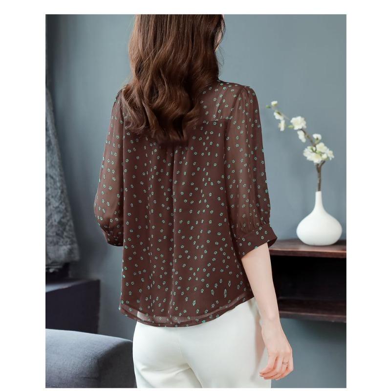 Women Brown Floral Print Blouse 3/4 Sleeve V Neck Casual Chiffon Shirt