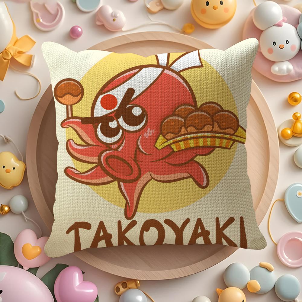 Cartoon Japanese Takoyaki Food Pillow Case Pattern Printed Pillowcase for Living Room Sofa Cushion Cover  Bedroom Decor