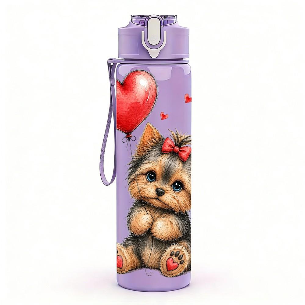 1PC Lovely Puppy Red Heart Art 750ml Color Plastic Sports Water Bottle Leakproof Flip Straw Lid Suitable for Sports Office Home Use