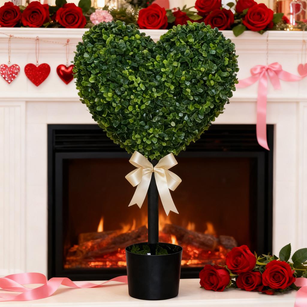 Heart Topiary Outdoor with Pot and Bow Tie Artificial Boxwood Topiary Fake Plant for Wedding Birthday Valentine Day Anniversary