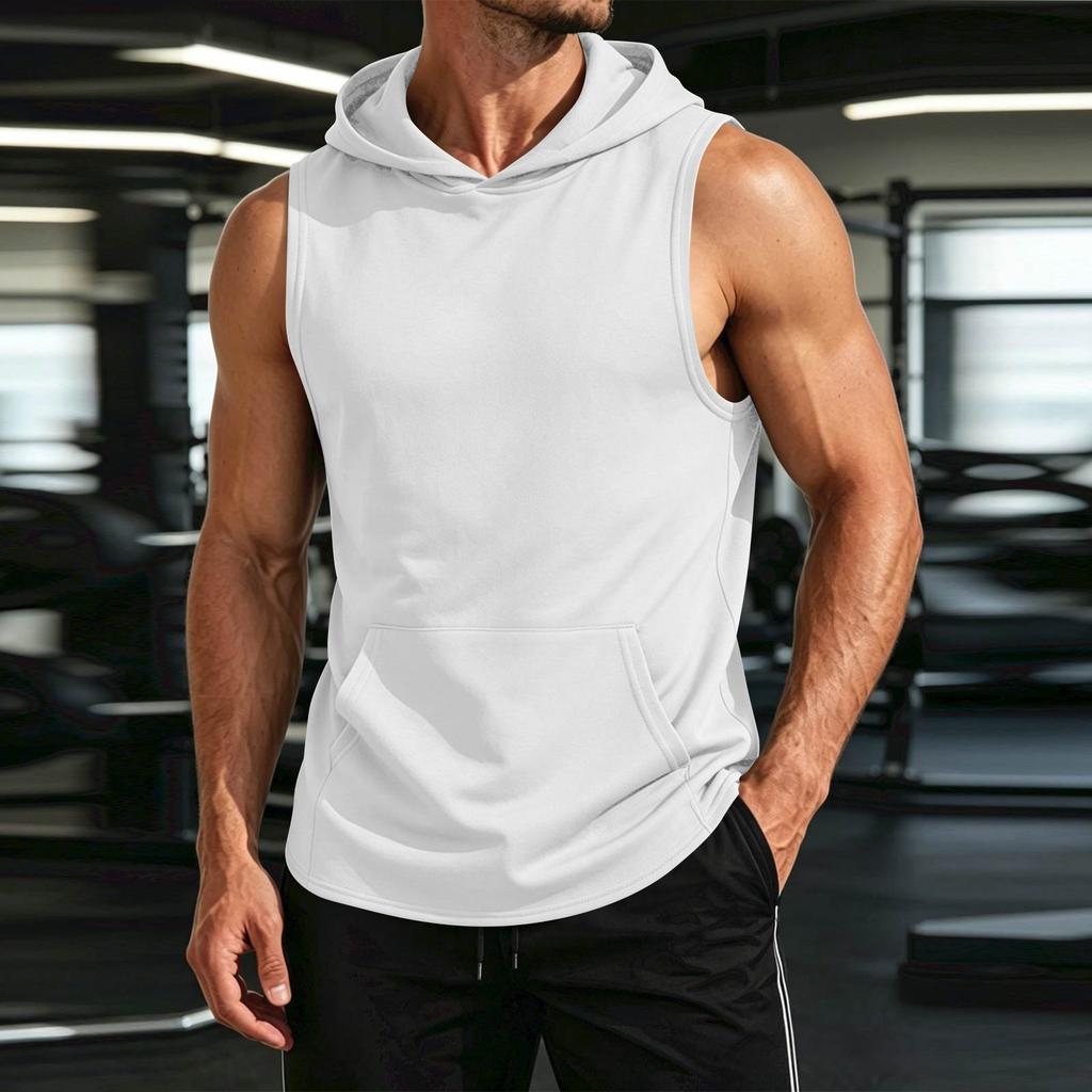 Men's Sleeveless Hoodie Lightweight Quick Dry Sports Vest with Front Pocket for Outdoor Running Gym Training
