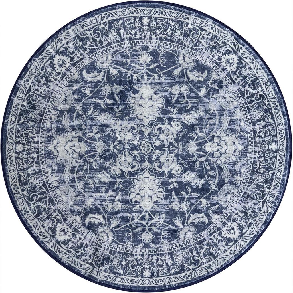 Round Navy Blue Floral Carpet White Symmetrical Motifs with Botanical Details,Elegant Vintage Rug for Living Room,Classic Decor