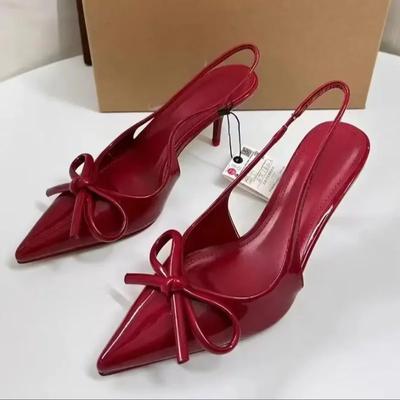 Red Bow Slingbacks High Heels For Woman Sexy Pointed Toe Patent Leather High Heels  Autumn Elegant Woman Heeled Shoes