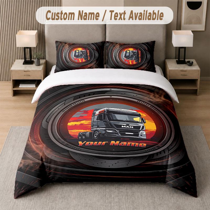 Set Biancheria da Letto Personalizzato Motivo Camion MAN, Stampa Nome Testo 1 Copripiumino più 2 Federe Tessili per la Casa