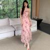 Pink Super Fairy Butterfly Mesh Dress Printed Swing Collar Suspender Printed Bow Pure Desire Sweet Medium Length Skirt
