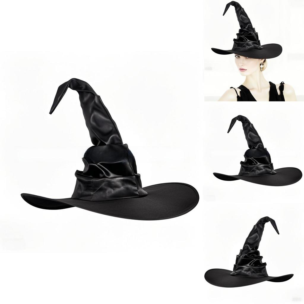 Curled Brim Witch Hat With Fabric Craftwork For Halloween Dress Up Accessories