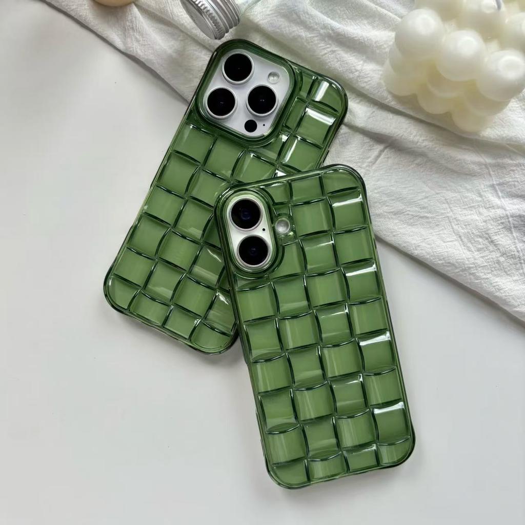 Stereoscopic Green Woven Plaid Convexity Soft Transparent Cube Pattern Cover Phone Case for IPhone 11 12 13 14 15 16 17 Pro Max