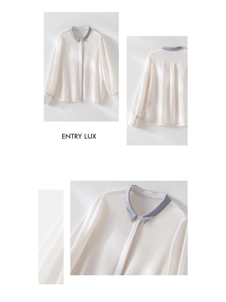 Women's 22 Momme Silk Color Block Shirt - Long Sleeve, Single-Breasted, Loose Fit, Slimming, New Spring/Summer 26 Arrivals.