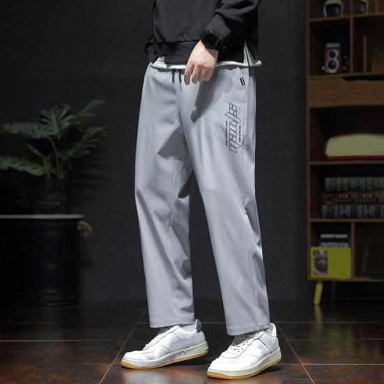 Men Spring Fall Pants with Side Pockets Drawstring Elastic Waist Wide Leg Thin Slacks Solid Color Loose Street Style Sport Trousers for Daily Wear