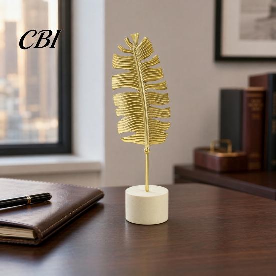 Stable Base Feather Decor Gold Leaf/Feather Ornaments with Weighted Round Base, Metal 3D Three-Dimensional Leaf Pattern Desktop for Home Office