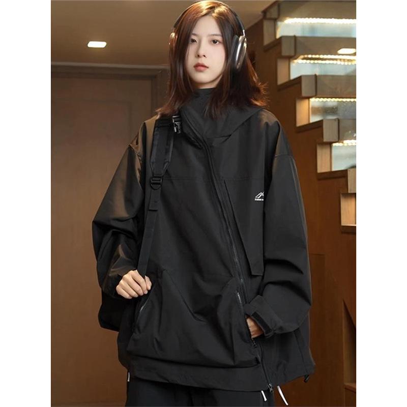 

Винтажный американский ветрозащитный анорак унисекс: С капюшоном, Непромокаемый, Косая молния для осени/зимы Large чёрный