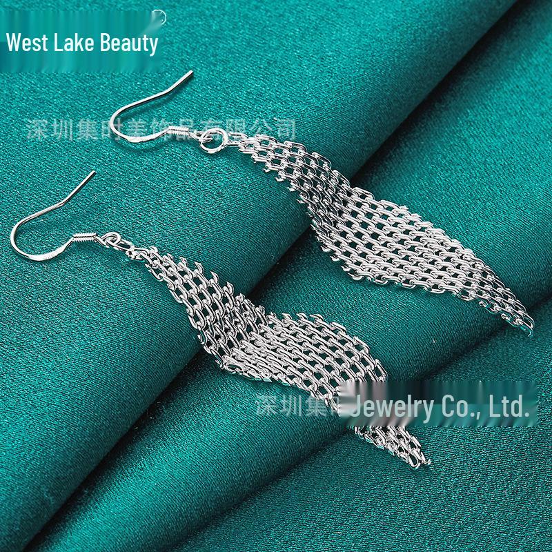 Cercei Lungi din Plasă de Diamante Argintii pentru Femei - Colecția Frumusețea Lacului de Vest