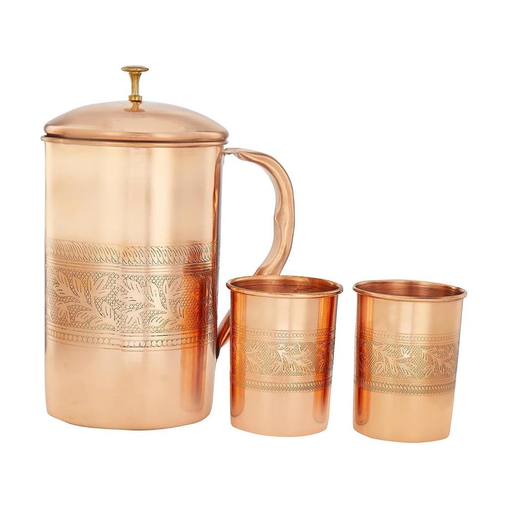 Embossed Copper Jug with 2 Copper Embossed Glasses| Copper