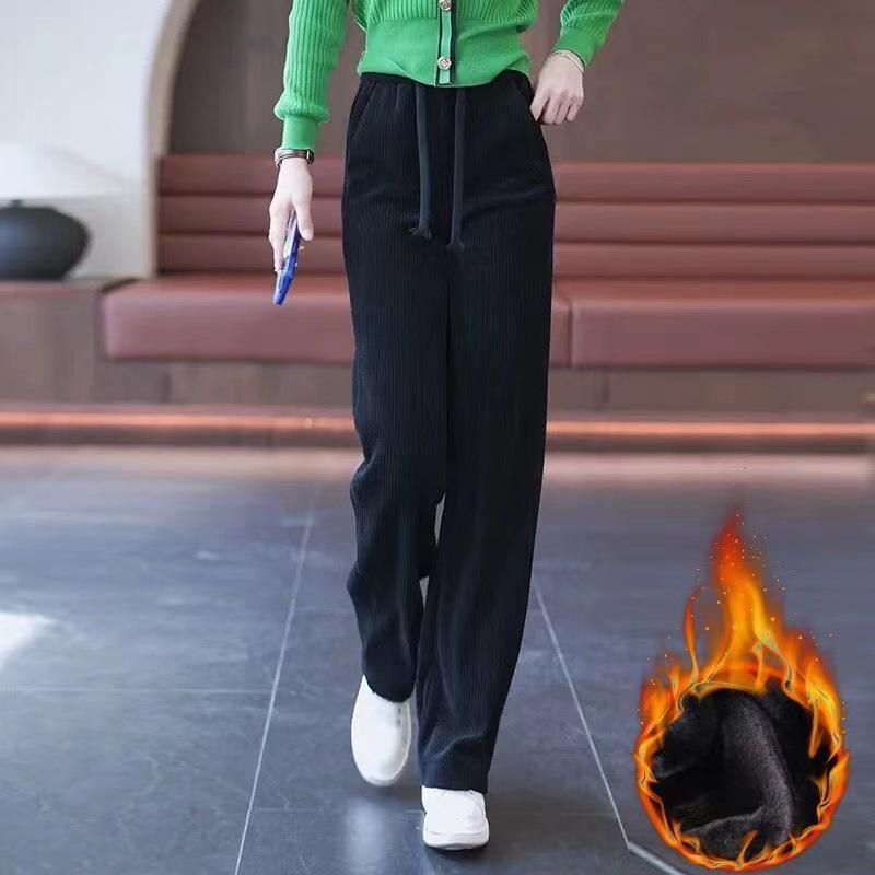 Women's High-Waisted Slimming Corduroy Pants - Narrow/Wide-Leg, Plus Velvet, Autumn/Winter, Long Casual Straight-Leg