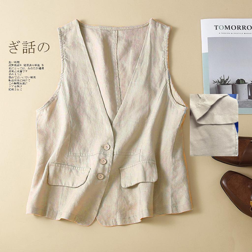 Vintage Vest Summer Deep V-Neck Solid Casual Sleeveless Tank Tops Cotton Linen Thin Outerwear Vest Coat