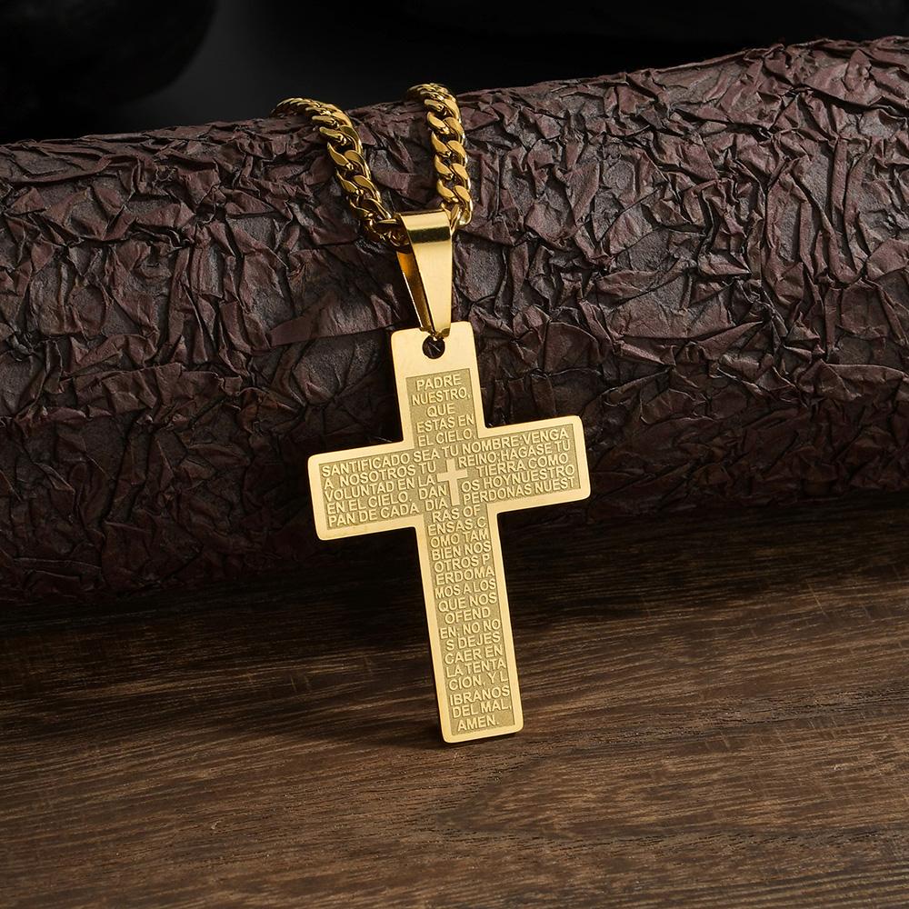 Classic Stainless Steel Bible Cross Necklace Pendant Men Hip Hop Jewelry Fashion Gold Color Long Chain Necklace