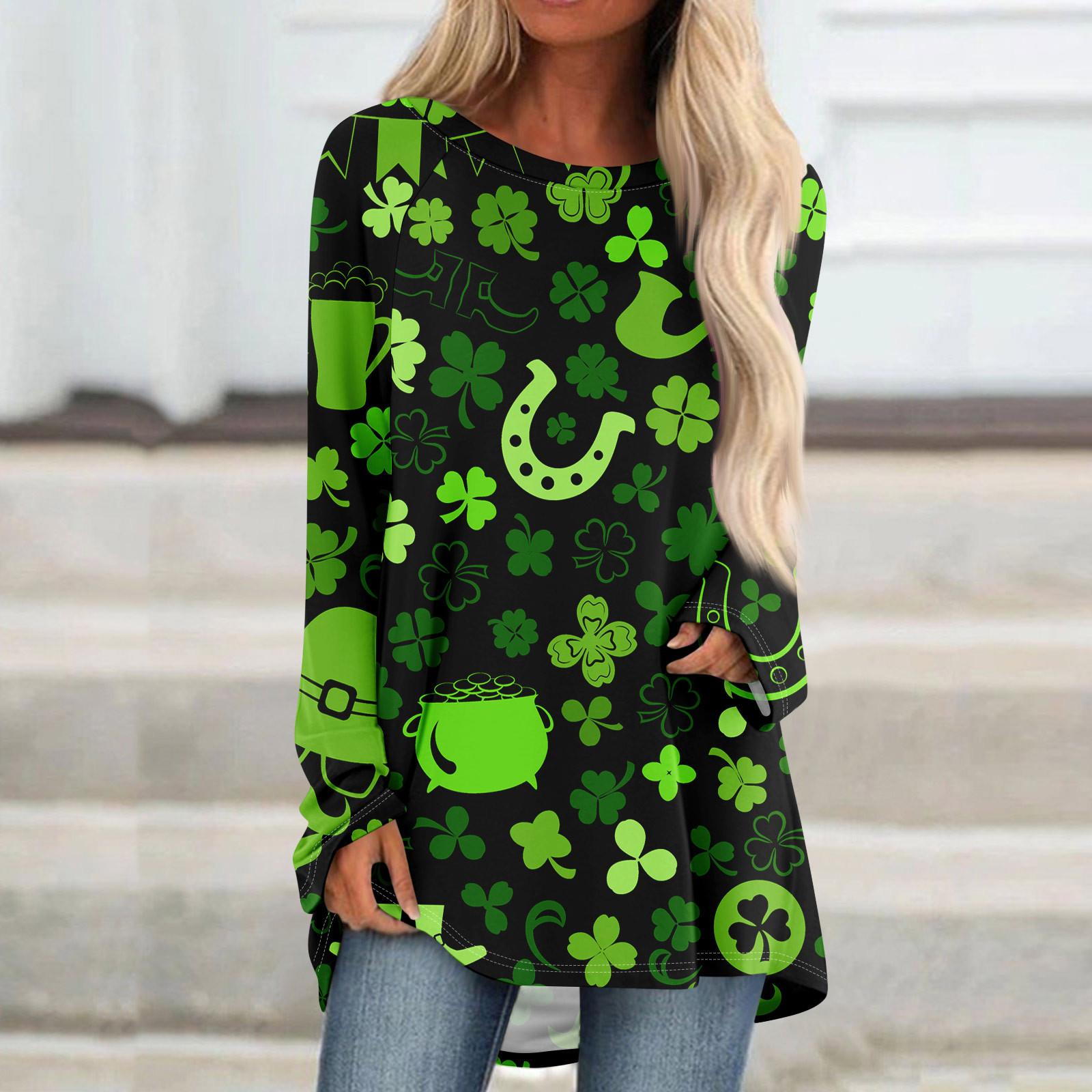 

Женский модный свободный свитер средней длины с круглым вырезом St. Повседневный топ с длинными рукавами и принтом ко Дню Святого Патрика с рукавами реглан XXXL зелёный