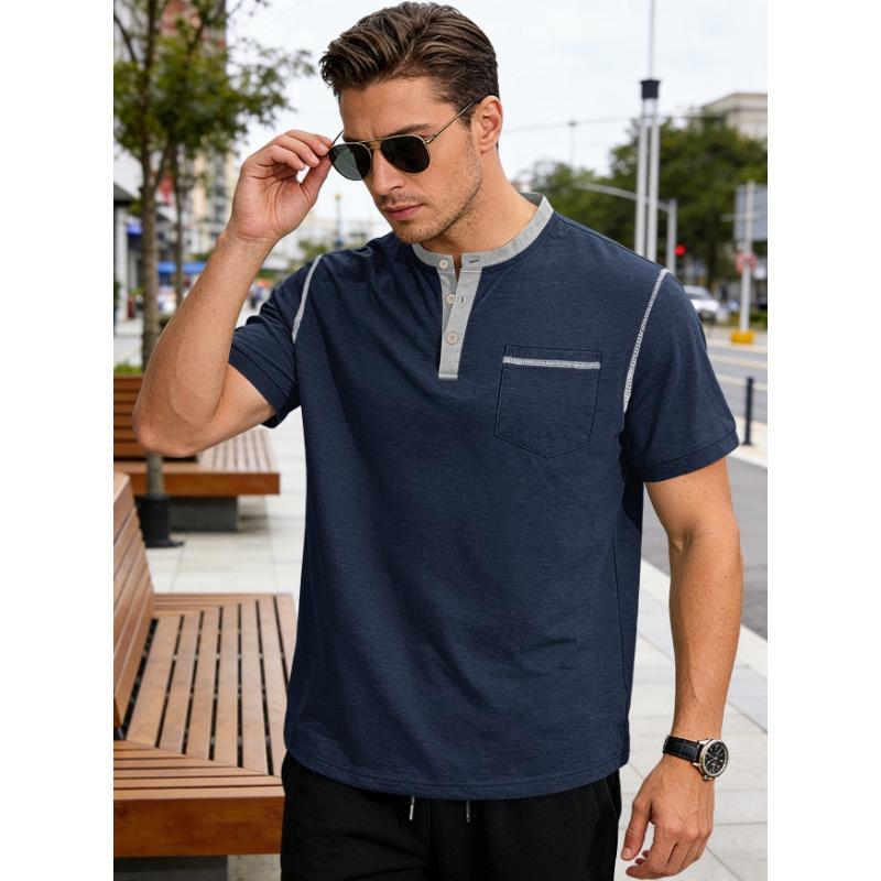

Мужская футболка-henley с контрастной отделкой - Повседневная футболка с коротким рукавом, воротником на пуговицах и нагрудным карманом для повседневной носки S темно-синий