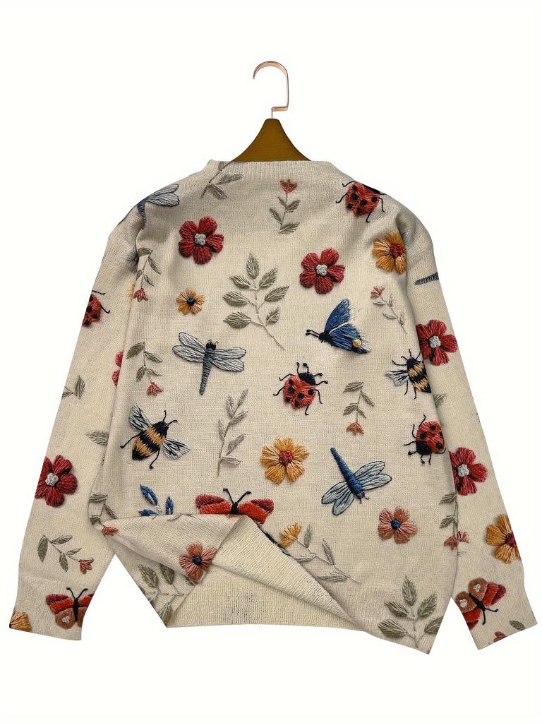 Damski lekki sweter z nadrukiem 3D owadów i kwiatów - Casualowy top z długim rękawem i okrągłym dekoltem z żywym motywem ważki, Top na każdą porę roku z nadrukiem kwiatowym