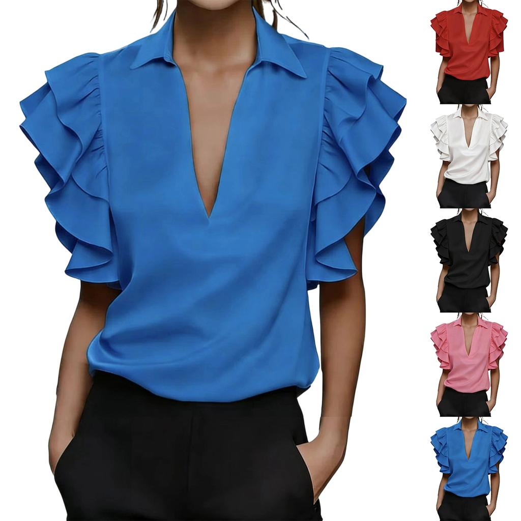 Womens V Neck Blouse Short Sleeve Top Ruffle Sleeve Shirt Lightweight Casual Office Wear Summer Fashion