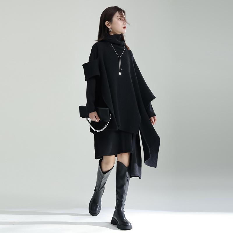 

Женский вязаный костюм: Платье из двух частей с неровным разрезом и свободное пальто-накидка One Size