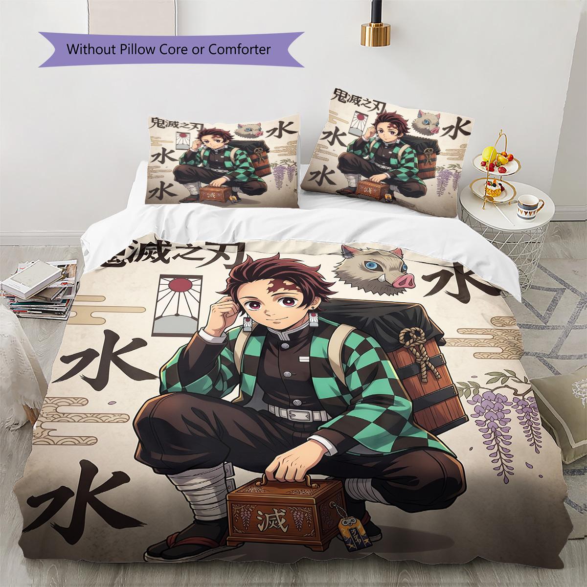 Demon Slayer Pattern Bedding Quilt Set Quilt Cover Pillowcase Home Decoration Birthday Gift (1 * duvet cover + 2 * pillowcase, without core) 135x200cm