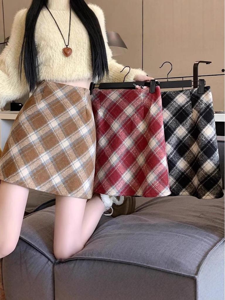 Women's Retro Red Plaid Wool Skirt - High-Waisted A-Line for Autumn/Winter 2024, Anti-Exposure