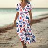 Women’s V Neck Short Sleeve Maxi Dress with Gradient Stripes and Star Print Loose Fit Summer Casual Style