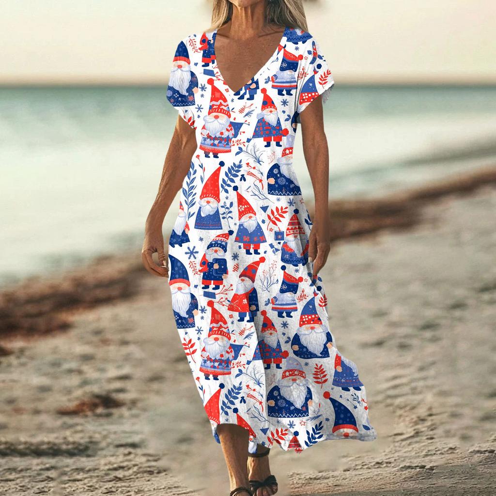 Women’s V Neck Short Sleeve Maxi Dress with Gradient Stripes and Star Print Loose Fit Summer Casual Style