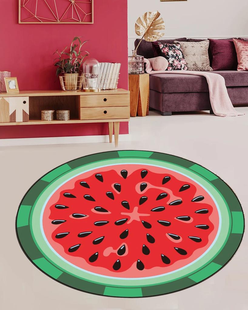 Watermelon Print Round Area Rug for Kids Bedroom Anti Slip Washable Flannel Carpet for Home Living Room Round Floor Mat