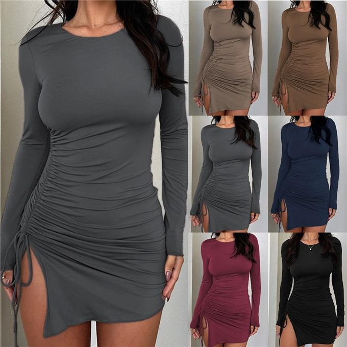Dámské šaty s dlouhým rukávem, kulatým výstřihem, sexy slim střihem a stahovací šňůrkou