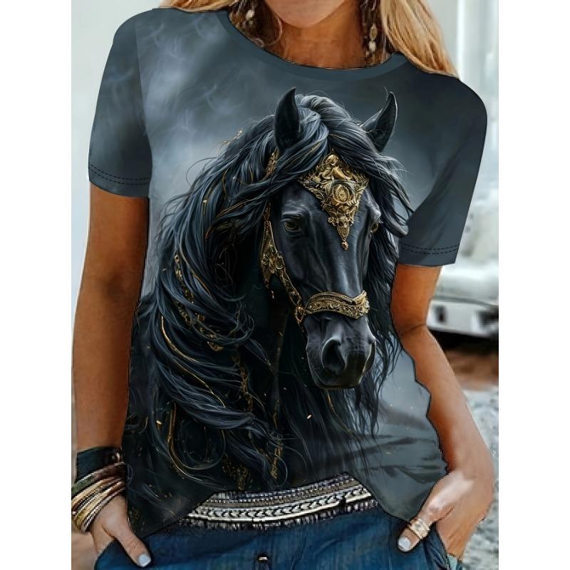 

Women s Tee Ornate Gilded Blue Horse Graphic, Regal Mythical Steed Design for Casual Daily Wear S