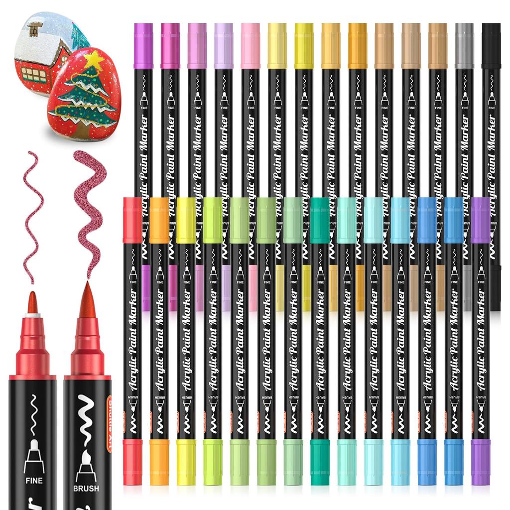 Shuttle Art Acrylic Metallic Color Brush and Fine Tip Twin Pen 28 Sparkling Glitter Acrylic Paint for Writing on and Handmade Art Gift Markers, Pens,