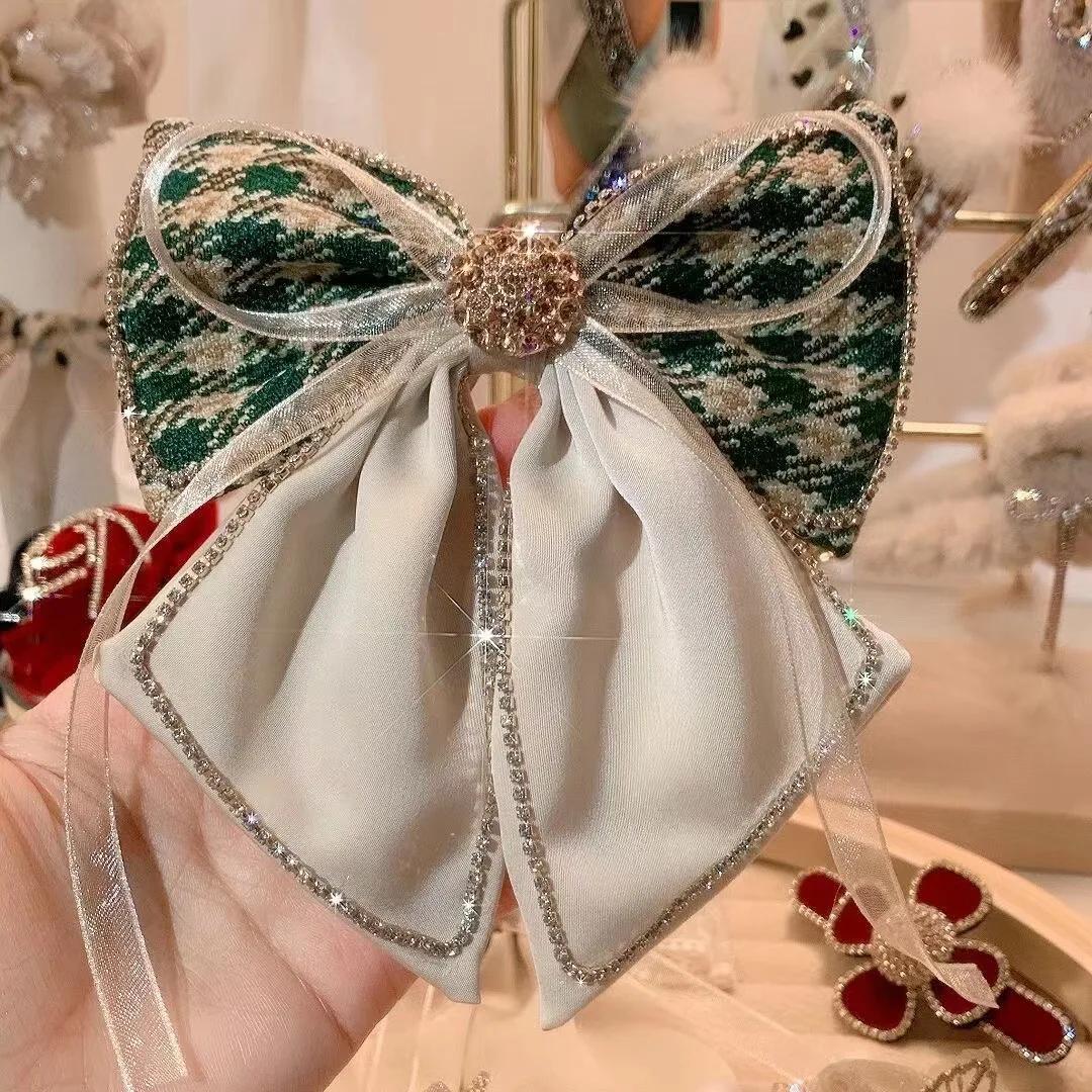

Vintage Fabric Bow Hair Clips Rhinestone Barrette Spring Clip Fashion Ponytail Headwear Hair Pins for Women Hair Accessories зелёный