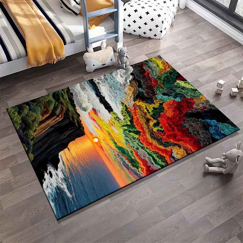 Colorful Sunset Landscape Carpet with Ocean View and Artistic Waves Suitable for use as an anti-slip for living room bedroom sofas
