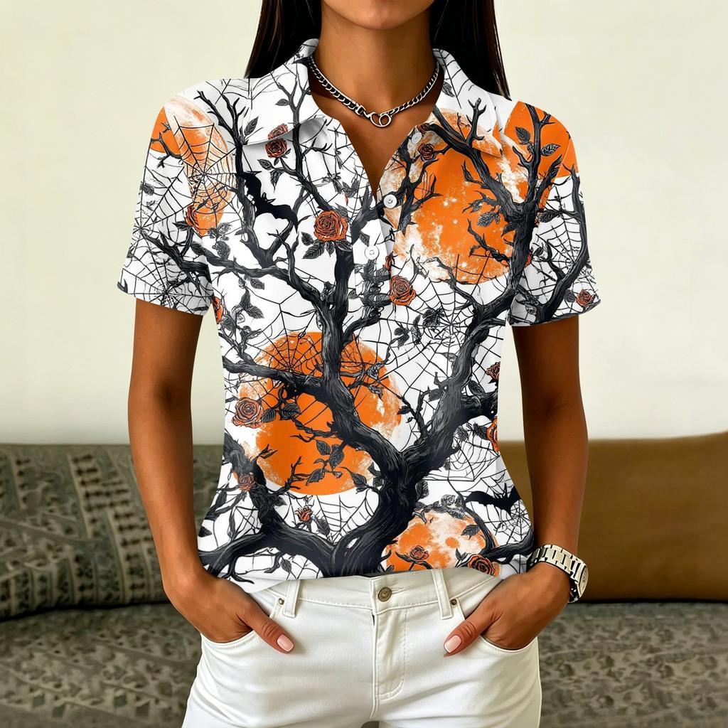Women's Casual Button Short Sleeve Collar Top with Halloween Print