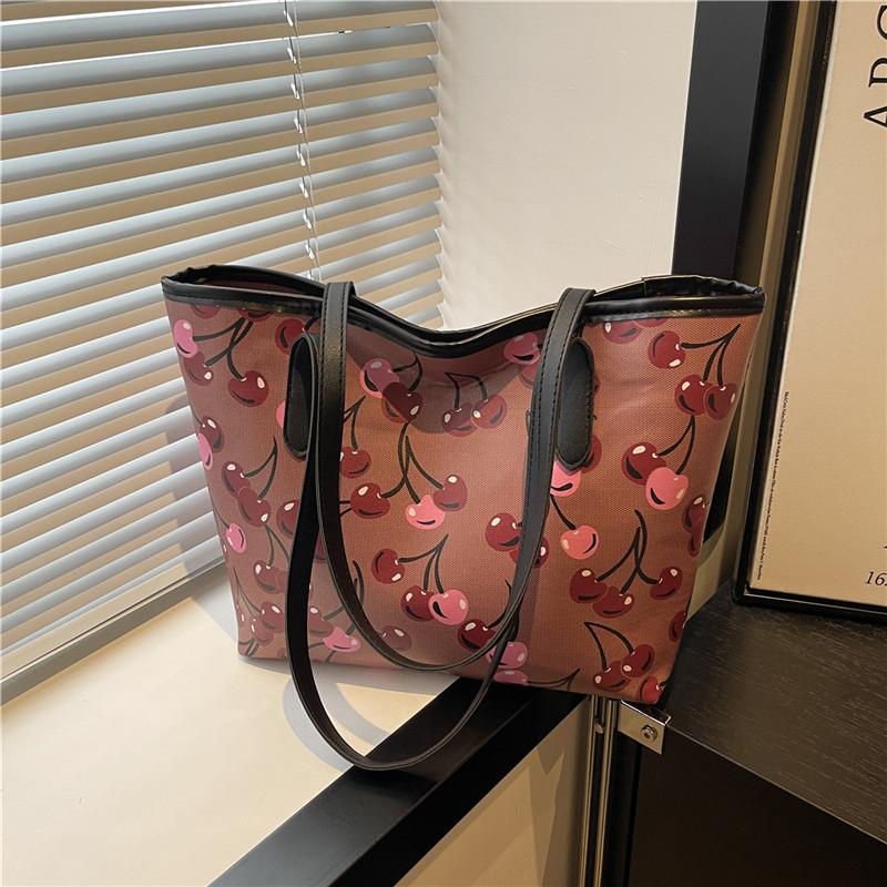 Taschen Damen Herbst Neu Einkaufstaschen Schulter Großes Fassungsvermögen Kirschdruck Stilvoll Schlichte Tragetaschen Handtaschen