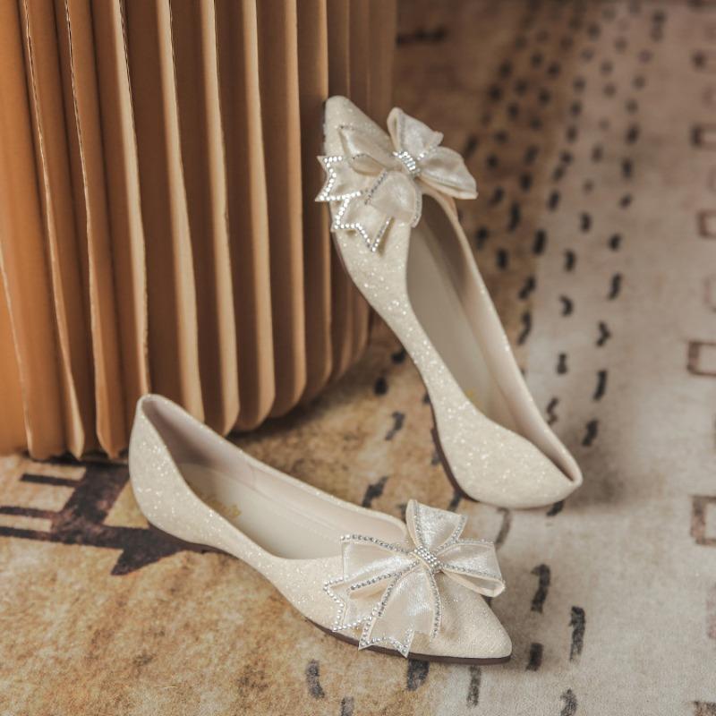 Fashion Summer Rhinestone With Bow Woman Flats Wedding Bride Shoe Chic and Elegant 2025 Comfortable Slip-on Pointed Toe Shoes for Women
