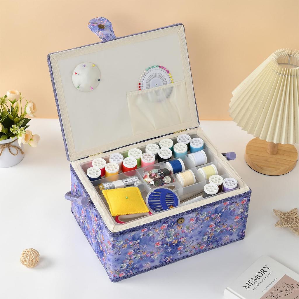 D&D Sewing Box, Sewing Kit, Large Capacity, Double Layer Storage, Sewing Accessory Storage Box 24*17.5*13cm (Large - Blue)