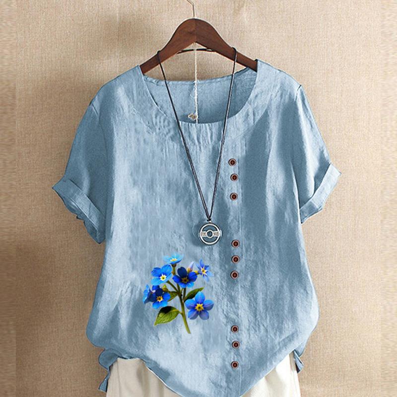 Damenmode Blumendruck Kurzarm T-Shirt Lockeres Baumwollhemd Lässige lockere Sommerbluse Tops Übergröße