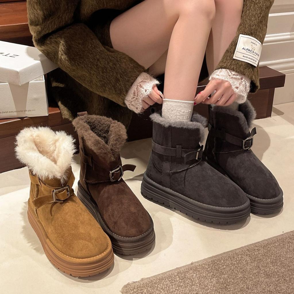 Thick-soled Snow Boots, Integrated Fur, Piled and Thickened Two-wear Flip Short Cotton Boots