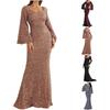 Cocktail & Evening Dresses - Sequined V-neck High Waist Bodycon Long Evening Dress Flounce Sleeve Elegant Formal Party Dress Women