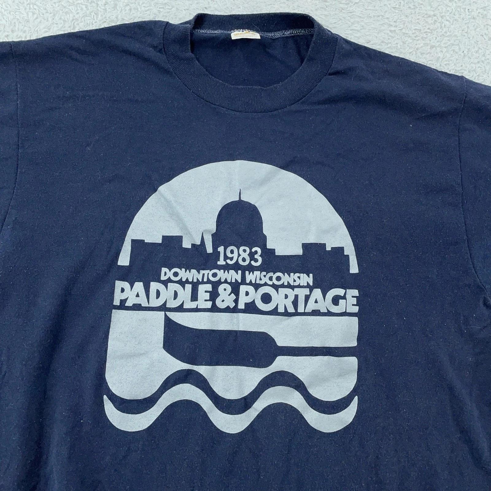 Винтажная футболка 80-х Paddle & Portage 1983 Downtown Wisconsin Мужская Размер M Темно-синяя США 3XL