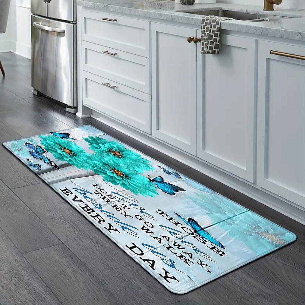 1Pcs Anti Fatigue Kitchen Rugs, BlueDaisy Butterfly  Print Waterproof Non-Slip Thick Cushioned Kitchen Mat Heavy Duty Comfort Standing Mat for Kitchen