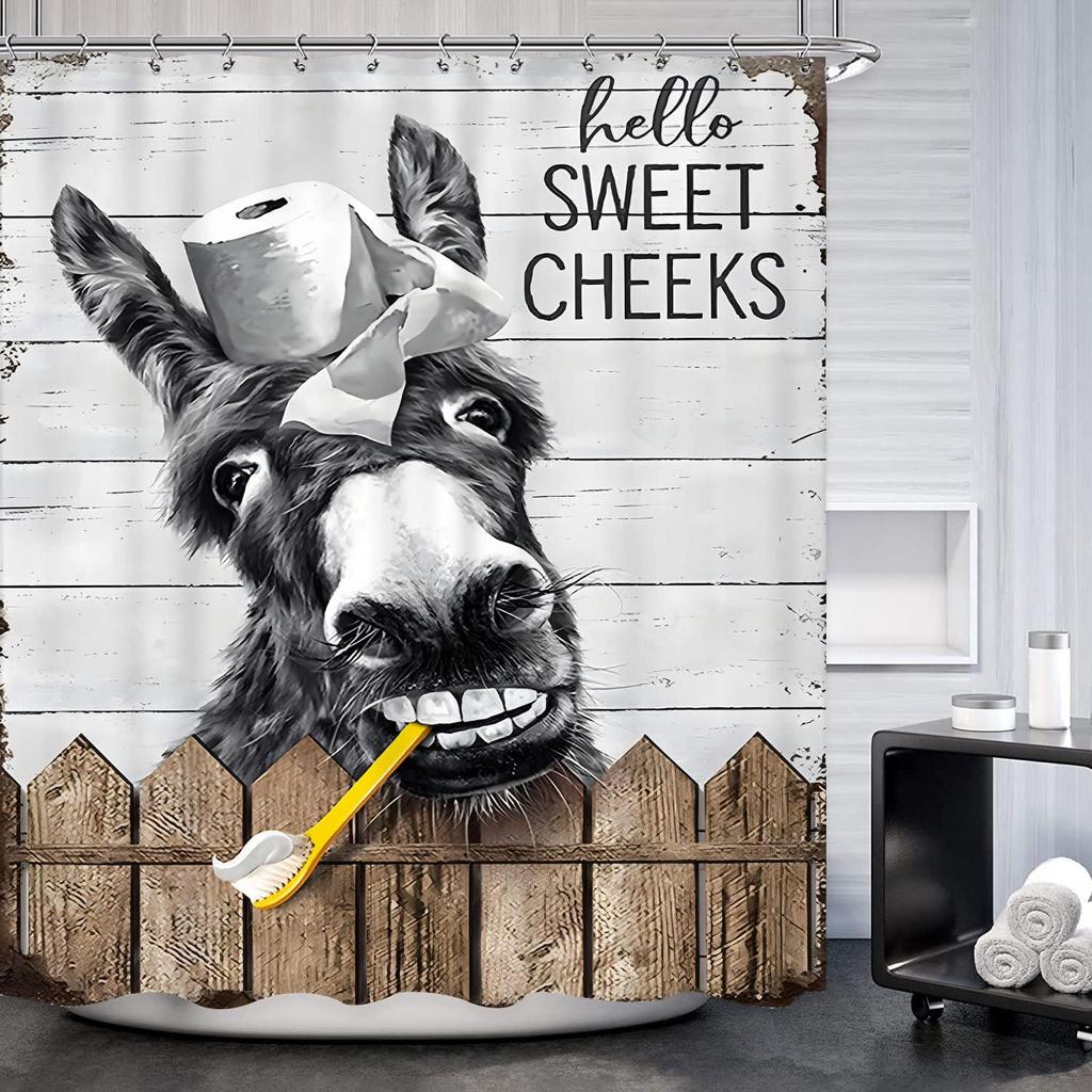 Funny Donkey Farmhouse Shower Curtain 60Wx72L Inch Rustic Western Retro Shower Curtains Black White Farm Fun Animal Modern Hello