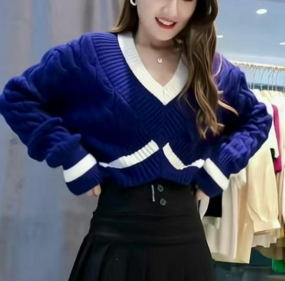 Korean Color Block V-Neck High Waist Knit Sweater for Women – Autumn Winter Trendy Lazy Style Cable Knit Outerwear Top
