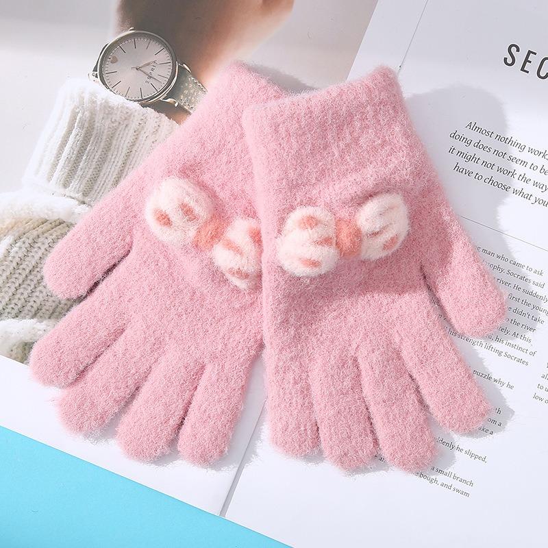 New girls knitted children's thermal gloves winter thickened bow jacquard five fingers cycling homework full finger