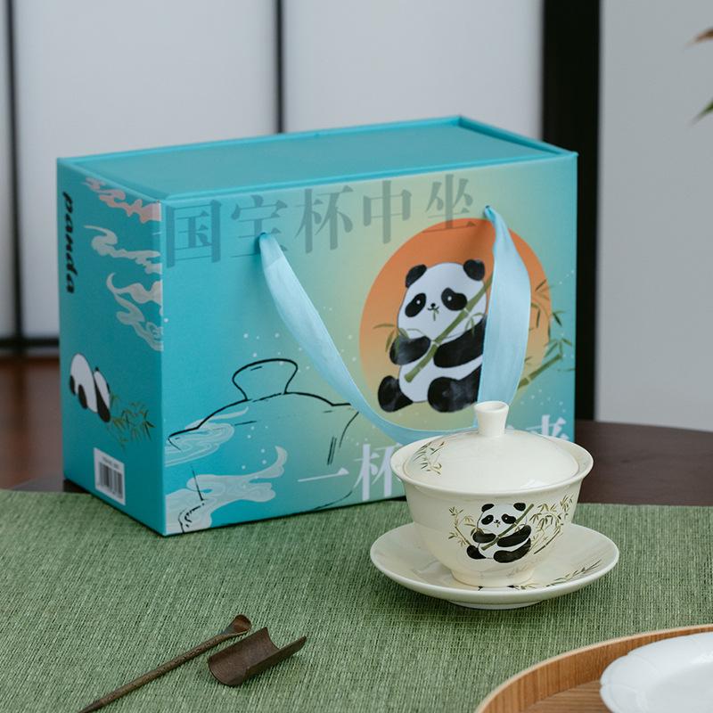 Chinese Style Panda Ceramic Cover Bowl Cup Kung Fu Tea Set Restaurant Home Brewing Tea Bowl Single High End Gift Giving Ceramic Tea Set